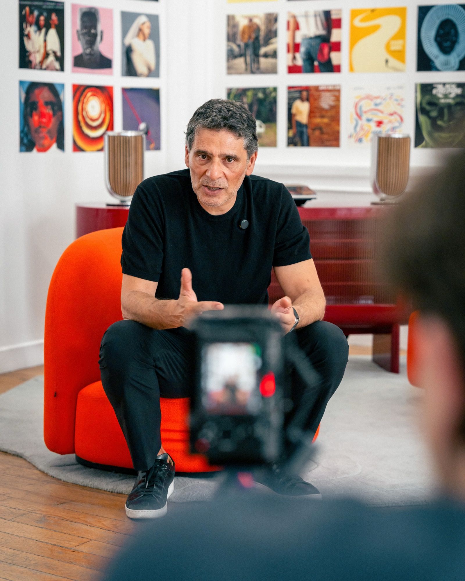 Filming an interview with Pascal Elbé for Bang & Olufsen, camera in the foreground